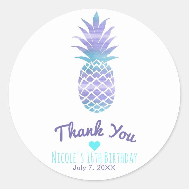 Sticker Rond Aqua Turquoise & Purple Ananas Tropical Chic Party (Devant)