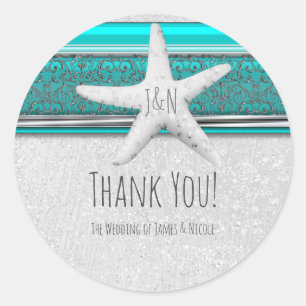 Sticker Rond Aqua & White Sparkle Starfish Plage Mariage Faveur
