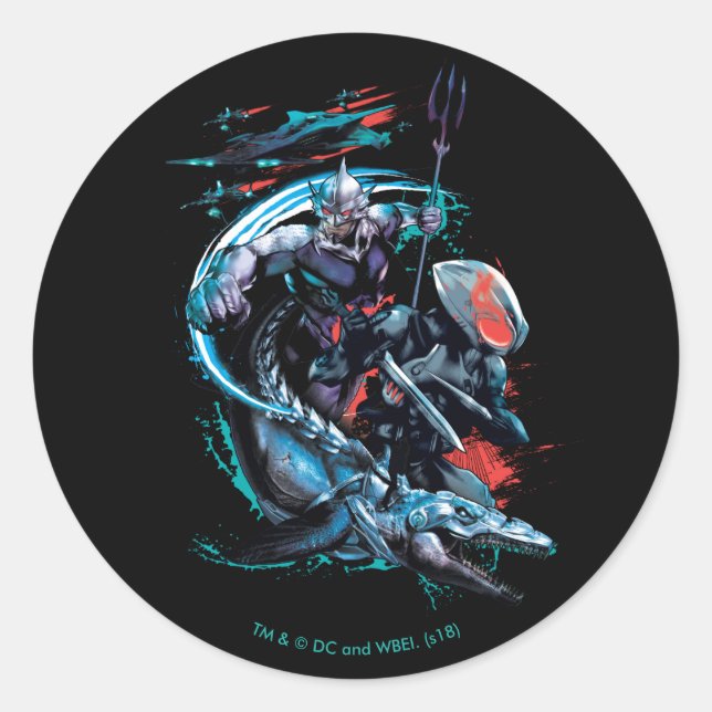 Sticker Rond Aquaman | Orm, Manta noir, Tylosaur, et bateaux (Devant)
