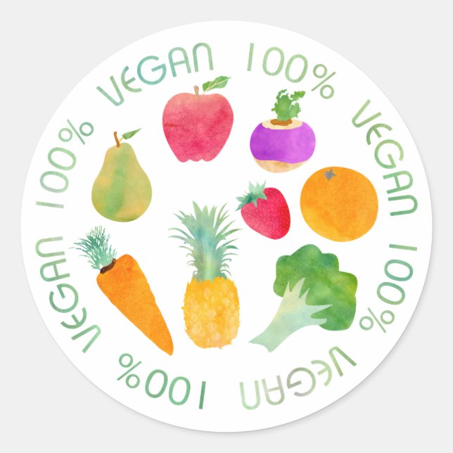Sticker Rond Aquarelle 100% Vegan Fruit and Vegetable (Devant)