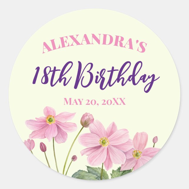 Sticker Rond Aquarelle 18e anniversaire Pink japonais Anemone (Devant)