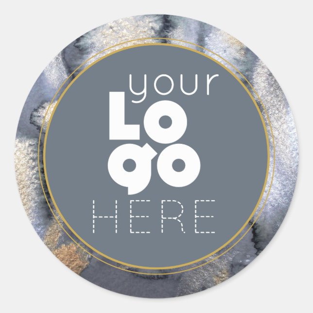 Sticker Rond Aquarelle Abstraite personnalisée Gris + Logo Blan (Devant)