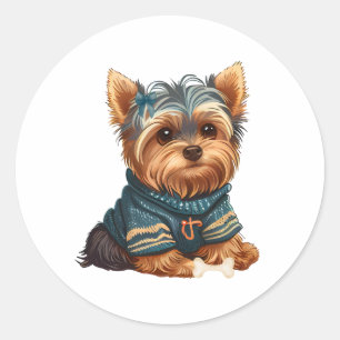 Sticker Rond Aquarelle adorable Yorkshire Terrier Chiot