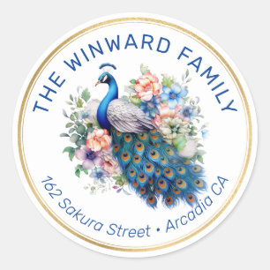 Sticker Rond Aquarelle Adresse Fleurie Paon