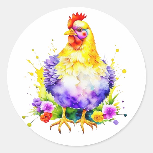Sticker Rond Aquarelle AI poulet Art (Devant)