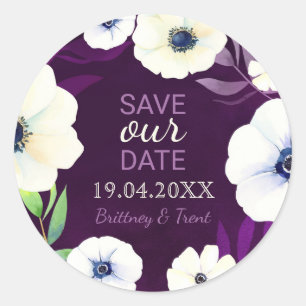Sticker Rond Aquarelle Anémone Mariage violet Enregistrer la da