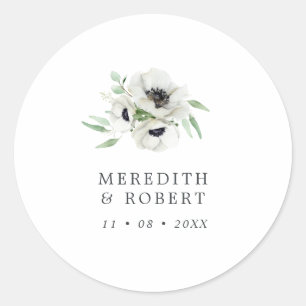 Sticker Rond Aquarelle Anémones Noir & Blanc Mariage d'hiver