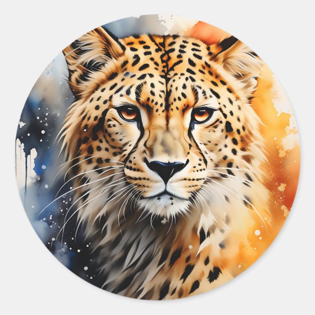 Sticker Rond Aquarelle animale Cheetah Portrait (Devant)