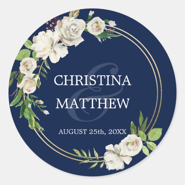 Sticker Rond Aquarelle Antique Blanc Floral MARIAGE bleu marine (Devant)