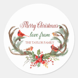 Sticker Rond Aquarelle Antler Reindeer Noël cardinal