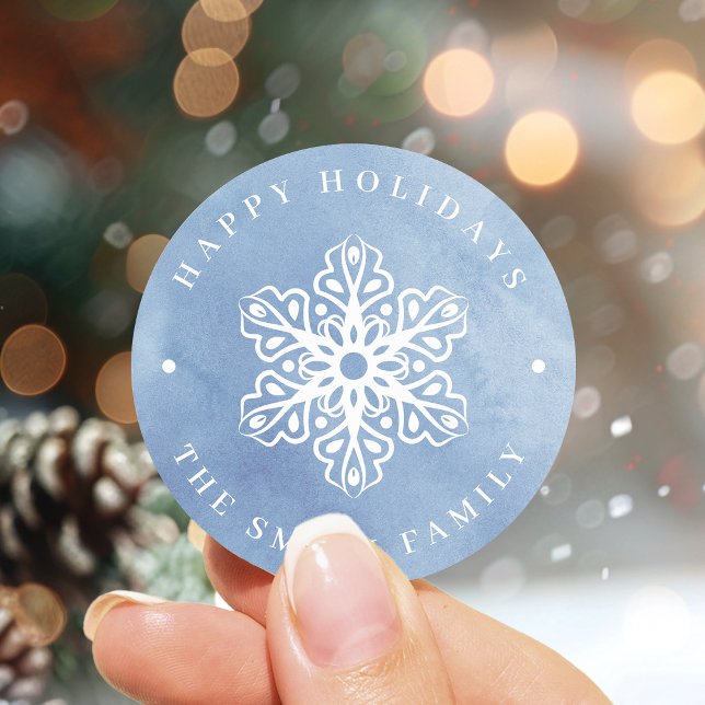 Sticker Rond Aquarelle artistique Flocon de neige bleu Noël (Artistic Watercolor Snowflake blue Christmas Classic Round Sticker)
