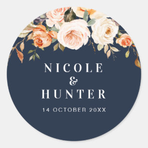 Sticker Rond Aquarelle automne floral mariage bleu marine