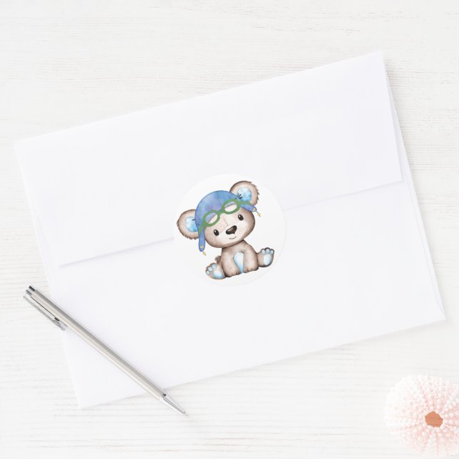 Sticker Rond Aquarelle Avion Pilote Enveloppe Ours Teddy (Enveloppe)