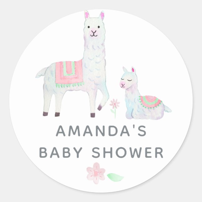 Sticker Rond Aquarelle Baby shower à thème Llama (Devant)