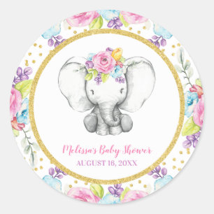 Sticker Rond Aquarelle Baby shower d'éléphants floraux
