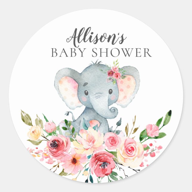 Sticker Rond Aquarelle Baby shower d'éléphants floraux (Devant)