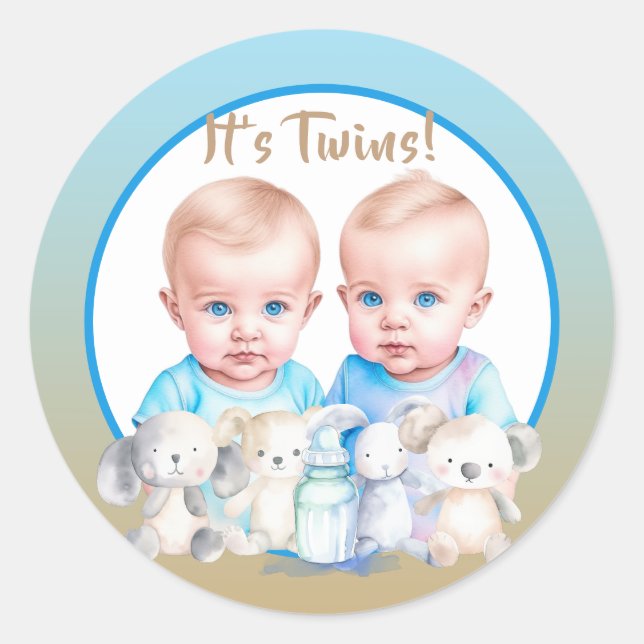 Sticker Rond Aquarelle Baby shower du garçon Twin Animaux (Devant)