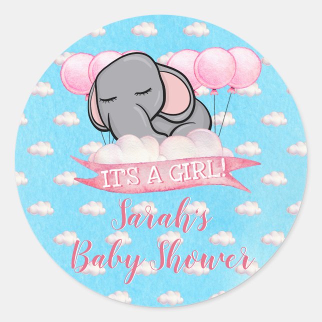 Sticker Rond Aquarelle Baby shower Eléphant Rose Cute (Devant)