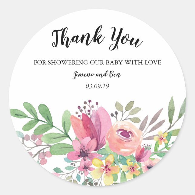 Sticker Rond Aquarelle Baby shower Floral Merci (Devant)