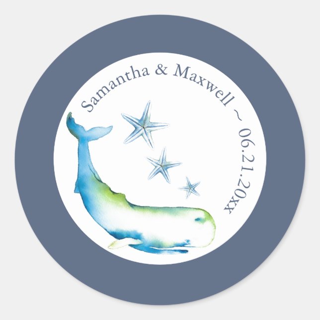 Sticker Rond Aquarelle Baleine et Starfish Bleu (Devant)