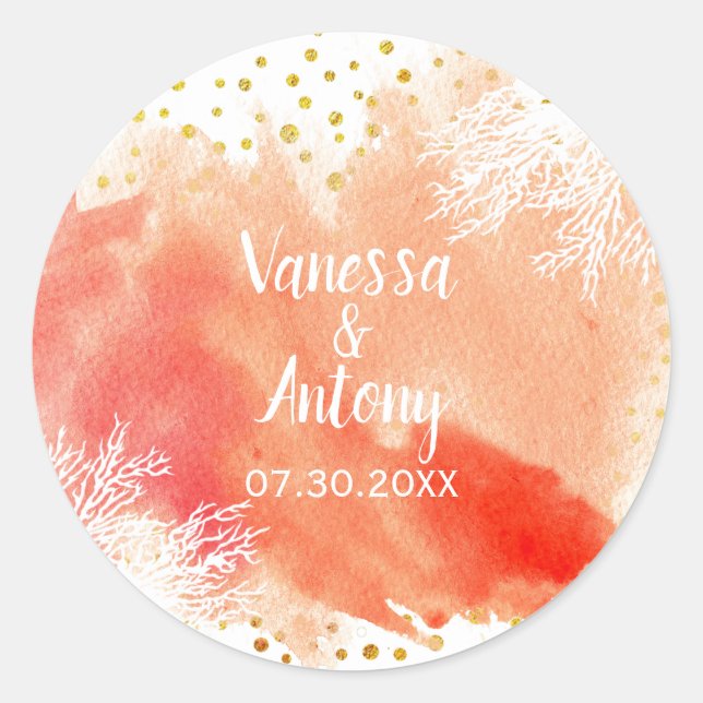 Sticker Rond Aquarelle, barrière de corail, mariage de confetti (Devant)