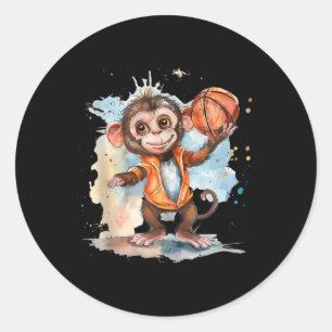 Sticker Rond Aquarelle Basketball Mocal Monkey Artwork Basketba