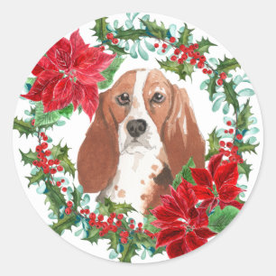 Sticker Rond Aquarelle Basset Hound Poinsettia Holiday Wreath