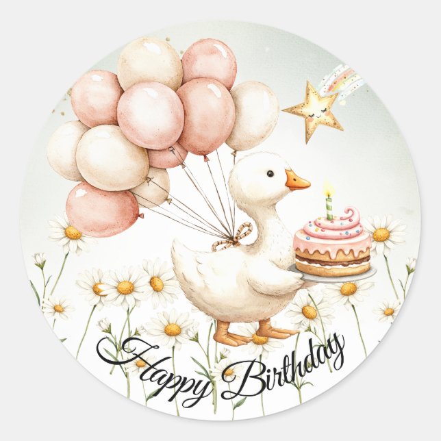 Sticker Rond Aquarelle Bébé Oie blanche Anniversaire fête migno (Devant)