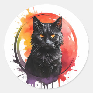 Sticker Rond Aquarelle Black Chat Splatter Art Portrait