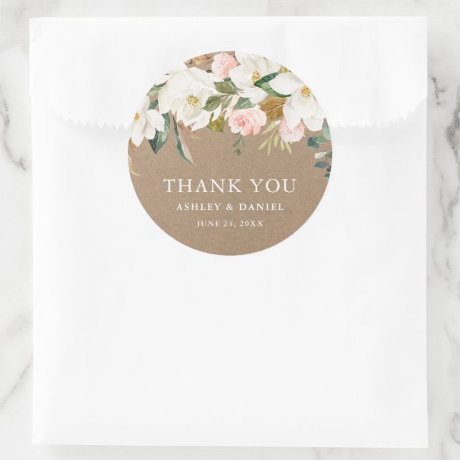 Sticker Rond Aquarelle blanc Magnolias Rose Mariage Kraft (Sac)