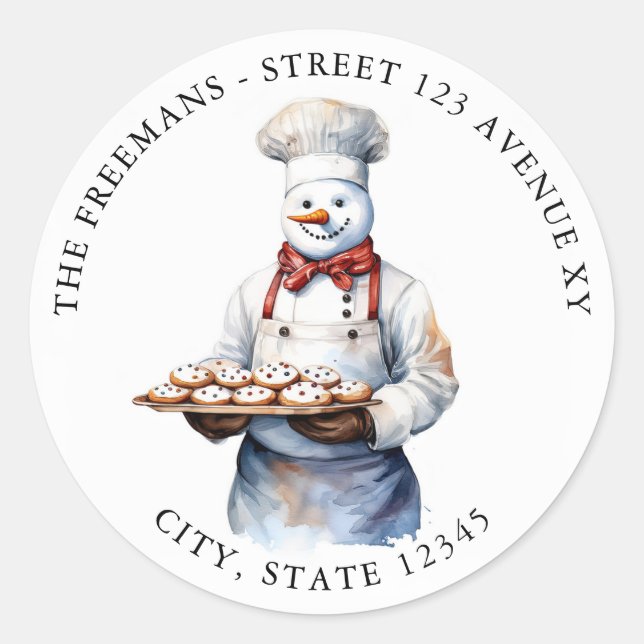 Sticker Rond Aquarelle Blanc Snowman Chef Fantastique Noël (Devant)