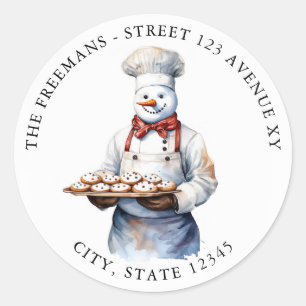 Sticker Rond Aquarelle Blanc Snowman Chef Fantastique Noël