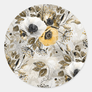 Sticker Rond Aquarelle blanche, fleurs jaunes
