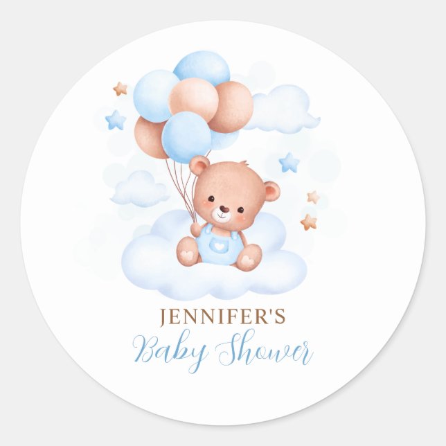 Sticker Rond Aquarelle Bleu Balloon Baby shower Ours En Teddy (Devant)