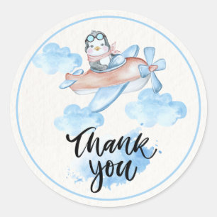 Sticker Rond Aquarelle bleu bleu blanc pingouin Merci pilote