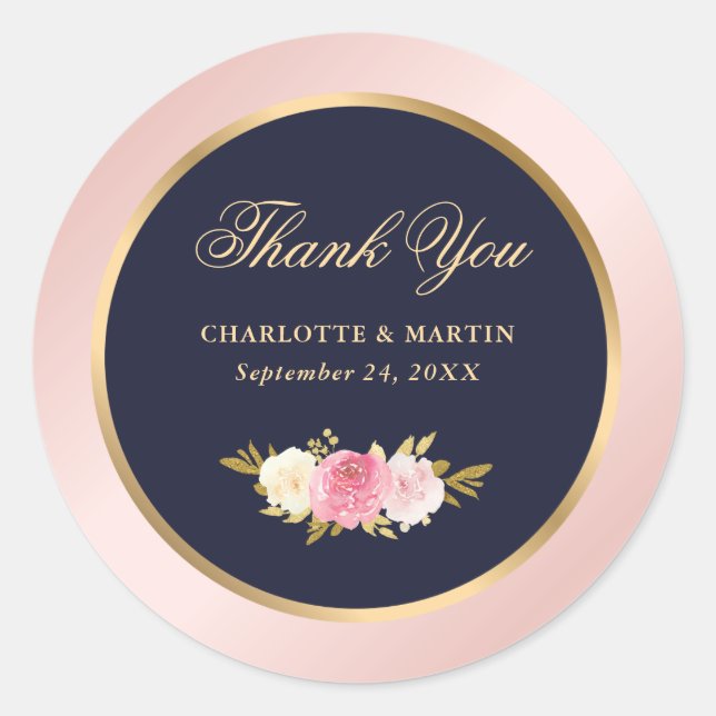 Sticker Rond Aquarelle bleu bleu or rose Merci floral (Devant)
