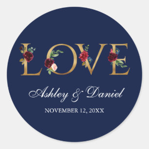 Sticker Rond Aquarelle Bleu Bourgogne Floral Gold Mariage