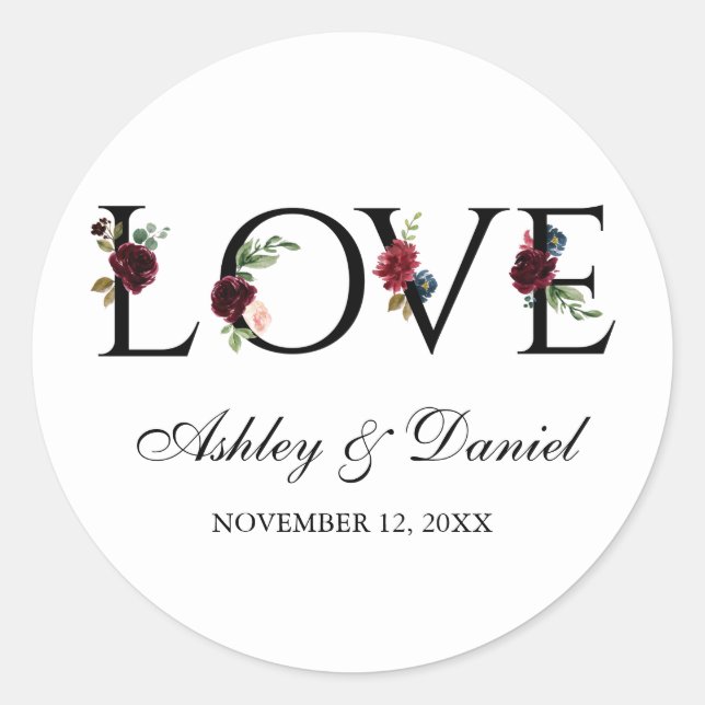 Sticker Rond Aquarelle Bleu Bourgogne Floral Love Mariage (Devant)