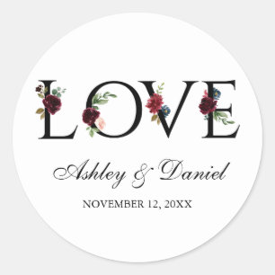 Sticker Rond Aquarelle Bleu Bourgogne Floral Love Mariage