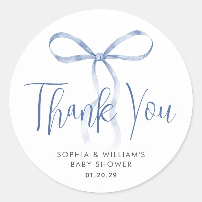 Sticker Rond Aquarelle bleu clair Bow ruban Baby shower garçon (Devant)