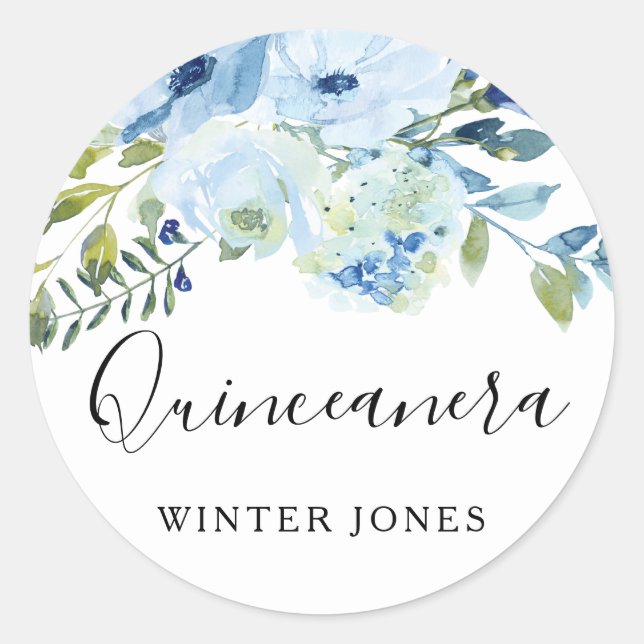 Sticker Rond Aquarelle bleu clair Floral Quinceanera Party (Devant)