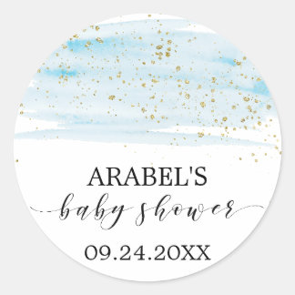 Sticker Rond Aquarelle Bleu et Baby shower étincelant or Favori