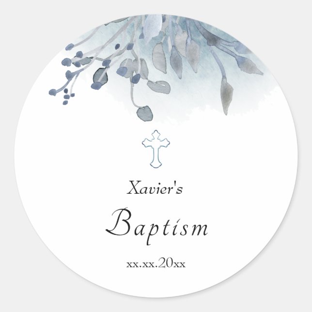 Sticker Rond aquarelle bleu feuillage Baptême (Devant)