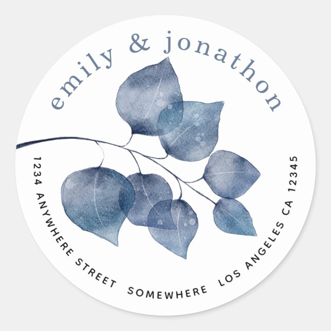 Sticker Rond Aquarelle bleu Feuilles Noms de retour Adresse (Devant)