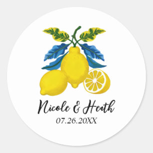 Sticker Rond Aquarelle bleu jaune citron Mariage méditerranéen