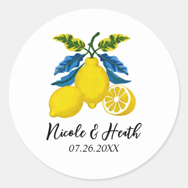 Sticker Rond Aquarelle bleu jaune citron Mariage méditerranéen (Devant)