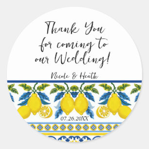 Sticker Rond Aquarelle bleu jaune citron Mariage méditerranéen