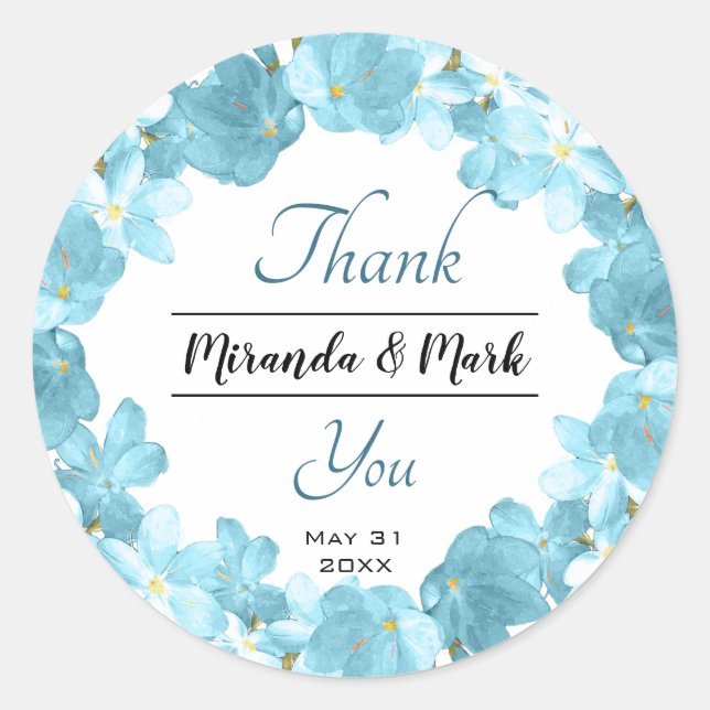 Sticker Rond Aquarelle bleu Mariage Merci de couronne de fleurs (Devant)