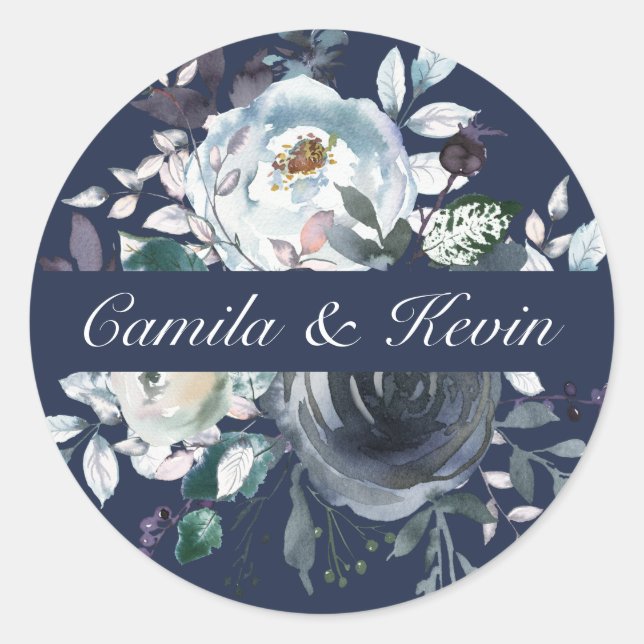 Sticker Rond Aquarelle bleu marine Floral Mariage Mariage (Devant)