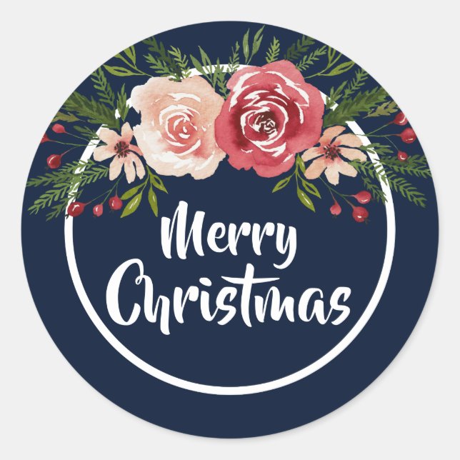 Sticker Rond Aquarelle bleu marine hiver Floral Joyeux Noël (Devant)